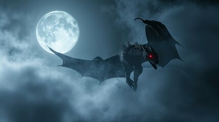 Fototapeta premium Powerful dragon flying in sky with clouds and moon.