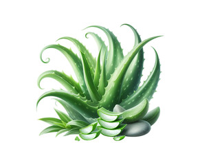 Fresh Aloe Vera slice with gel dripping isolated transparent background. top view flat lay herb skin care.