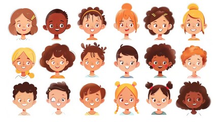 Set of children avatars Bundle of smiling faces of boys and girls with different hairstyles, skin colors and ethnicities Colorful flat vector illustration isolated on white background