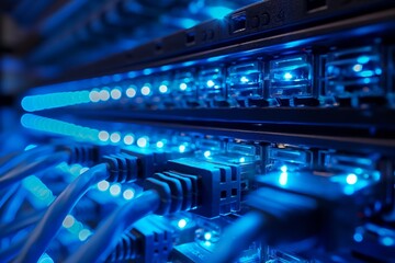 Network server room with blue ethernet cable lights