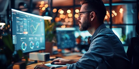 Focused Professional Analyzing Complex Data on Multiple Computer Screens in a Modern High-Tech Office Environment at Night