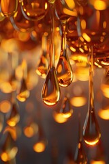 Detailed 3D illustration of the essential oil extraction process, with ambercolored oil droplets being collected under soft, shadowy lighting,