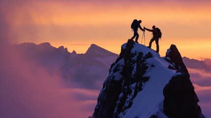 Two hikers help each other standing on tip of mountain top in winter in rugged lands with snow and majestic view.