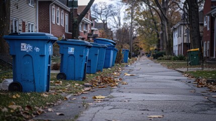 Blue trash can in a residential area