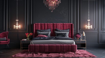 Luxurious modern bedroom with vibrant magenta and dark gray colors, featuring a red burgundy velour bed against a deep background wall. Rich furniture highlights this 3D-rendered design.