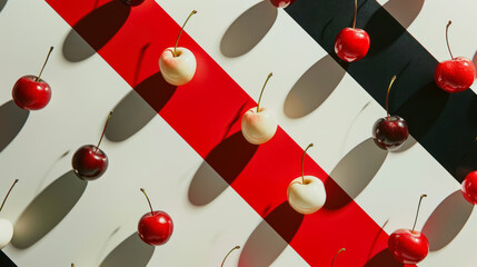 artistic arrangement of red and white cherries on alternating color stripes background - obrazy, fototapety, plakaty
