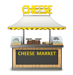 Market wooden stall, fair booth with cheese. 3d canopy kiosk mockup. 3d illustration on white background