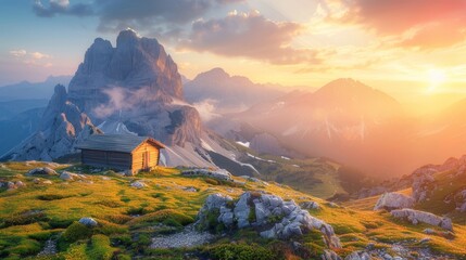 Scenic sunrise over italian dolomite alps with charming wood house in majestic mountain landscape - obrazy, fototapety, plakaty