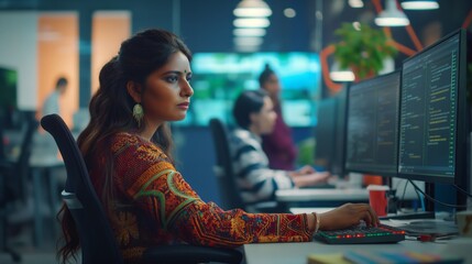 Female Programmer in Modern Office Setting