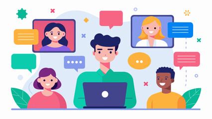 Virtual chat rooms and forums specifically designed for nonverbal individuals to connect with others and practice their communication skills.. Vector illustration