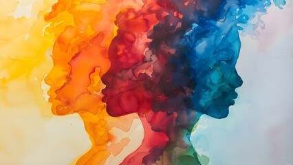 Vibrant watercolor painting symbolizes diverse cultures uniting for gender equality on Womens Day. Concept Art, Watercolor Painting, Gender Equality, Diverse Cultures, Womens Day