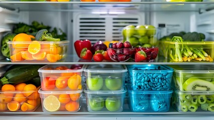 Colorful Containers of Fruits and Veggies Create an Organized Meal Prep Fridge. Concept Meal Prep, Fridge Organization, Healthy Eating, Colorful Containers, Fruits and Veggies
