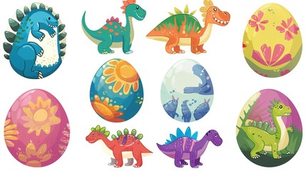 Colorfully illustrated collection of dinosaurs and decorated Easter eggs with children's themes