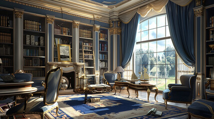 Classic Blue Denroom Interior with Daylight - Home Decor Design