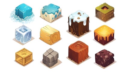 Colorful isometric gaming resources: crystals, boxes and magic elements for design and games