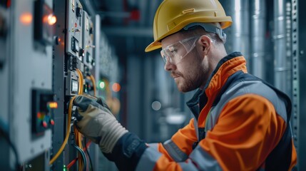 Male electrician working on fuse box in factory