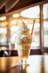 cup of creamy vanilla ice cream with a striped straw in a restaurant at sunset