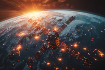 A satellite orbiting Earth, beaming signals across continents to enable seamless global communication.