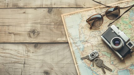 Fototapeta premium A camera, sunglasses, keys, and a map lay on a hardwood table, showcasing a beautiful wood grain pattern. The rectangle table is made of sturdy planks with a rich wooden font AIG50