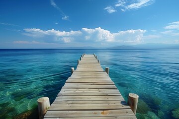 Fototapeta premium A serene wooden pier stretches into the crystal-clear blue sea under a vast sky, offering a path to peacefulness