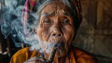Old woman smoking cigarettes