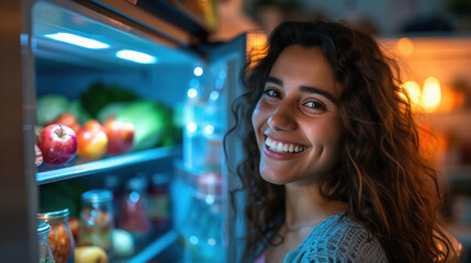 young beautiful woman standing in front of open refrigerator at home