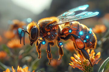 A swarm of robotic bees pollinating fields of crops, addressing concerns about declining bee populations and food security.