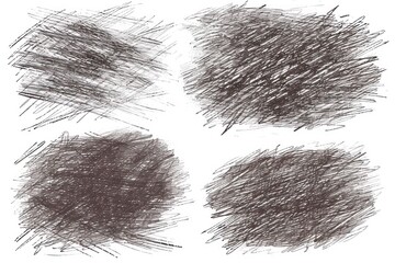 Charcoal scribble drawings in various styles, isolated on a white background, closeup detail.
