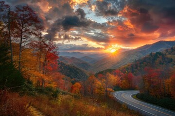 Naklejka na ściany i meble Autumn sunset at the Smoky Mountain national Park