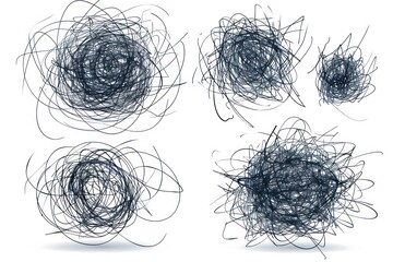 Various sets of charcoal scribble drawings on a plain white background, close-up view.

