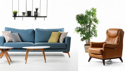 Modern living room furniture isolated on white background. Sofa, chair, table, lamp, decor, design, interior, contemporary, minimalist, elegant, cozy