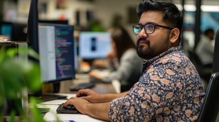 A man with glasses is working at a desk on a computer