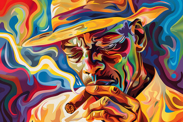 Vibrant and colorful abstract illustration of a man smoking a cigar - obrazy, fototapety, plakaty