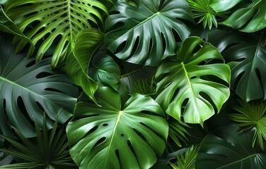 "Abundance of Varied Green Leaves: Tropical Foliage in Lush Jungle Setting"