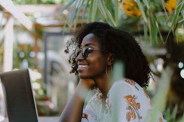 Young businesswoman enjoys the flexibility of remote work, typing on her laptop in a tropical setting, symbolizing the work-life balance and work from anywhere concept