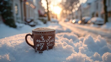 brown ceramic coffee cup with snowflake ornament in the snow on a own street.  - Powered by Adobe