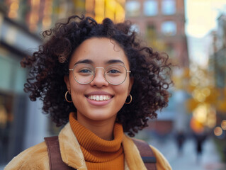 Smiling young woman against a city backdrop - Powered by Adobe
