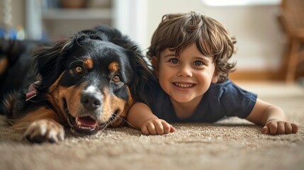 Little kid playing with a dog on carpet floor at home.