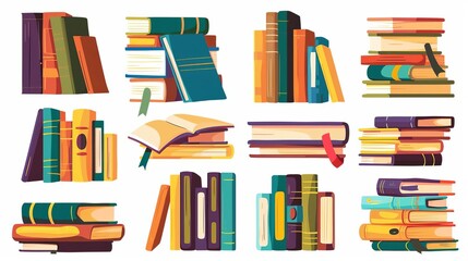 Stacks of books for reading, pile of textbooks for education Set of literature, dictionaries, encyclopedias, planners with bookmarks Colored flat vector illustration isolated on white background