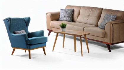 Fototapeta premium Modern living room furniture isolated on white background. Sofa, chair, table, lamp, decor, design, interior, contemporary, minimalist, elegant, cozy