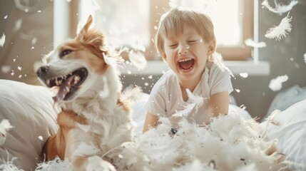Dog and little kid doing pillow fight at home