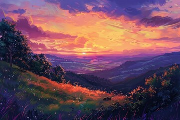 A breathtaking sunset over rolling hills, painting the sky in hues of orange, pink, and purple, as wildlife roams freely in the fading light. --ar 3:2 Job ID: 639ed66b-fdd0-4ce4-9858-0890577cdbd8