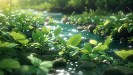 Naklejka premium green lily pads floating on the water and the sun is shining