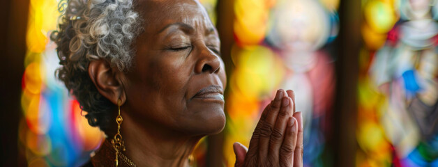 Black woman, pray and hands in church with eyes closed, Sunday service and Christian believer in prayer to God. Jesus, worship and gratitude or repentance for faith belief, spirituality and healing