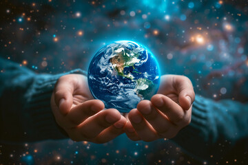 A man holds a globe in his hands. The earth is surrounded by a blue and purple background with stars and a galaxy.