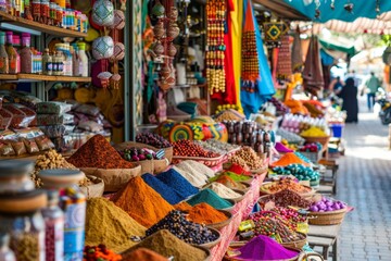 Fototapeta premium A festive Eid al-Adha bazaar with stalls selling spices, sweets, and colorful fabrics, with a focus on the vibrant cultural atmosphere --ar 3:2 Job ID: 04732c7e-fa9c-4f0c-b735-a1a21f188f3b