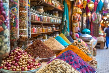A festive Eid al-Adha bazaar with stalls selling spices, sweets, and colorful fabrics, with a focus...