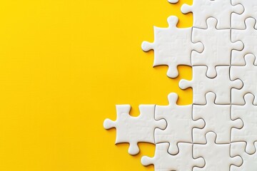 A white jigsaw puzzle on a vibrant yellow background, showcasing the contrast between the pieces and the bright backdrop.
