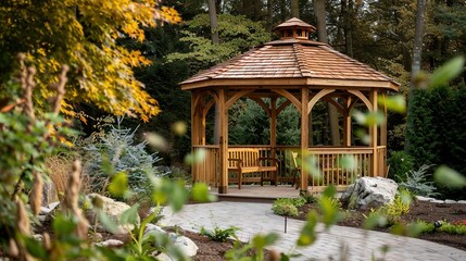Wooden gazebo for relaxing in the garden
