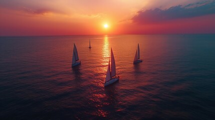 sailboats in the sea at sunset. 